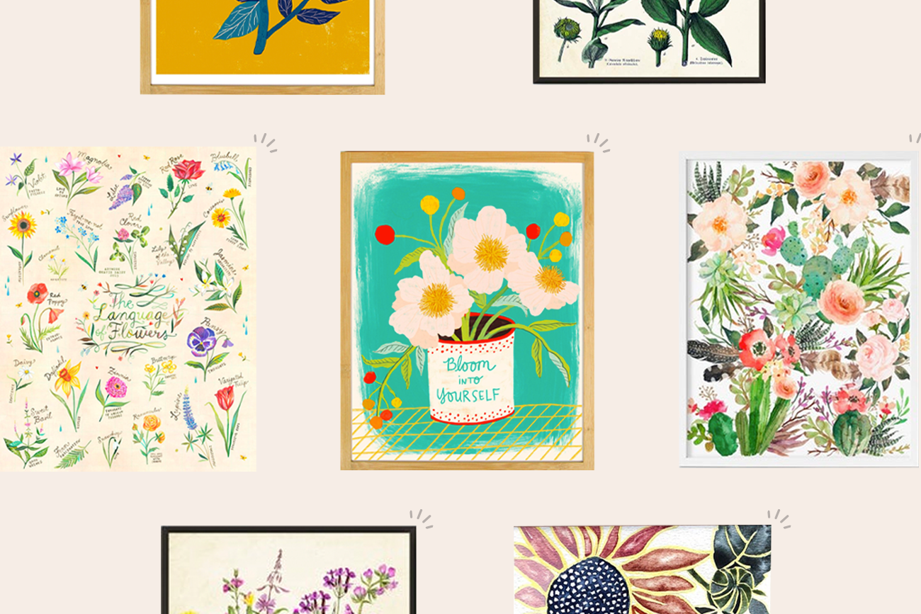 A collection of floral prints arranged on a light pink background