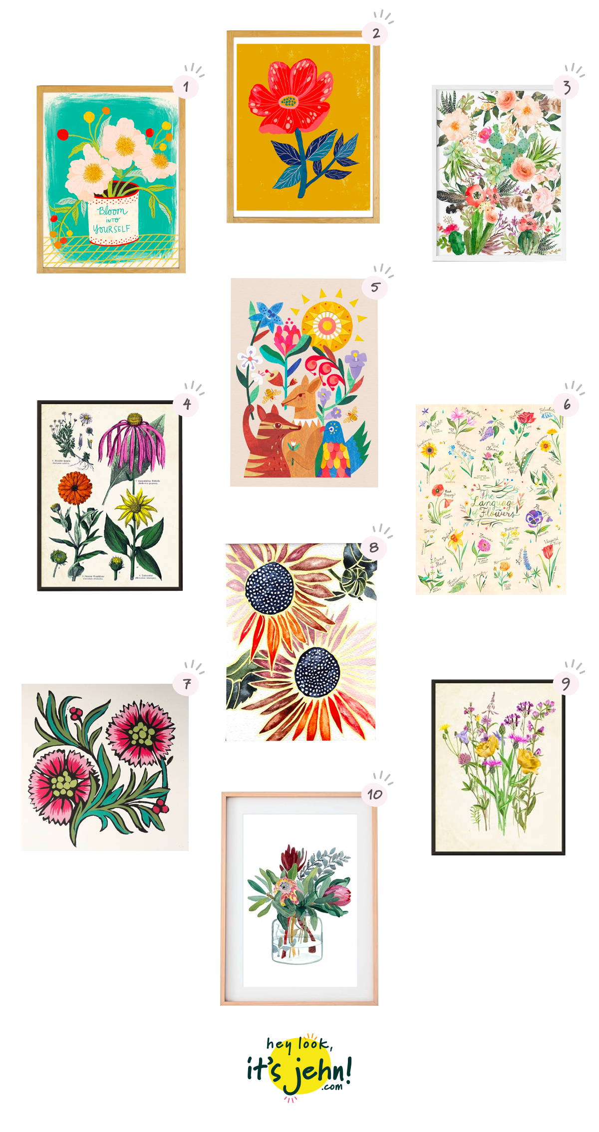 10 floral art prints from Etsy arranged on a white background