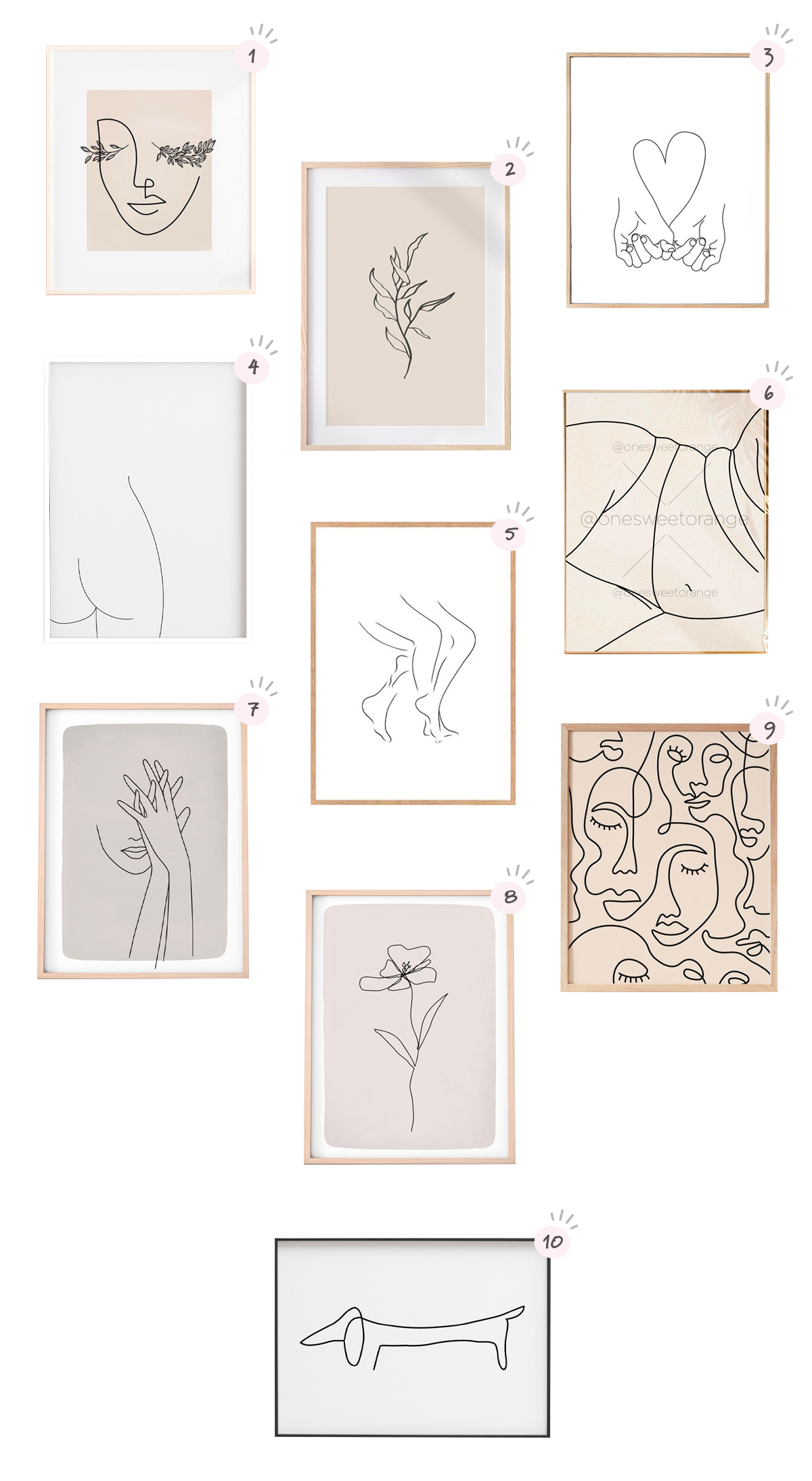 10 framed line art pieces from etsy on a while background