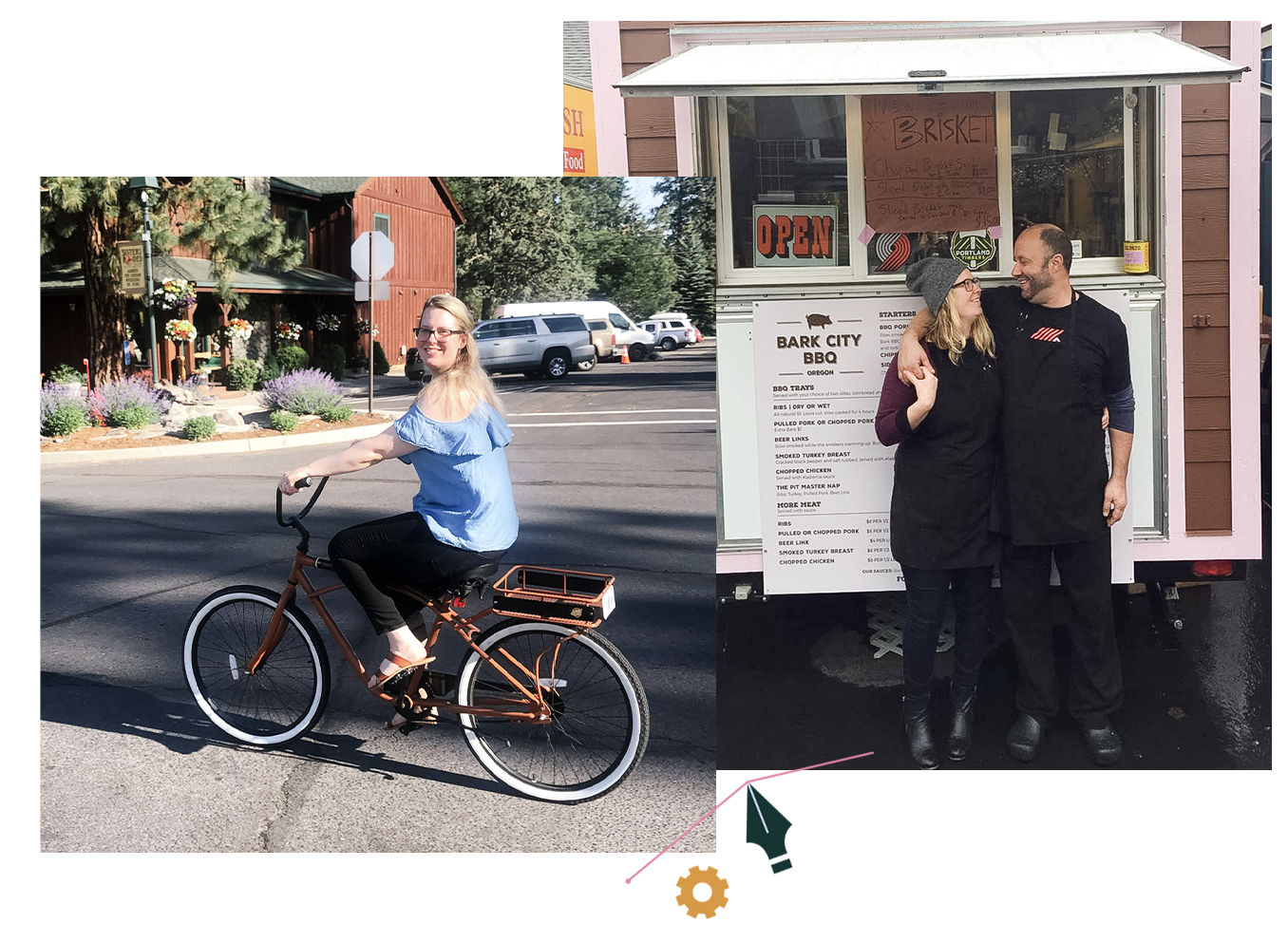 Two photos, the one on the left is of jehn riding her bike and the one on the right is her and her husband at their food cart, Bark City BBQ